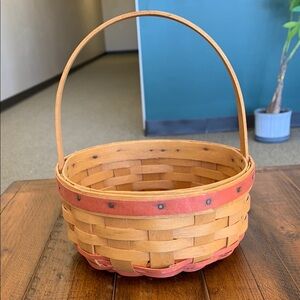 Longaberger Basket with Red Accent Weave. Single stationary handle.